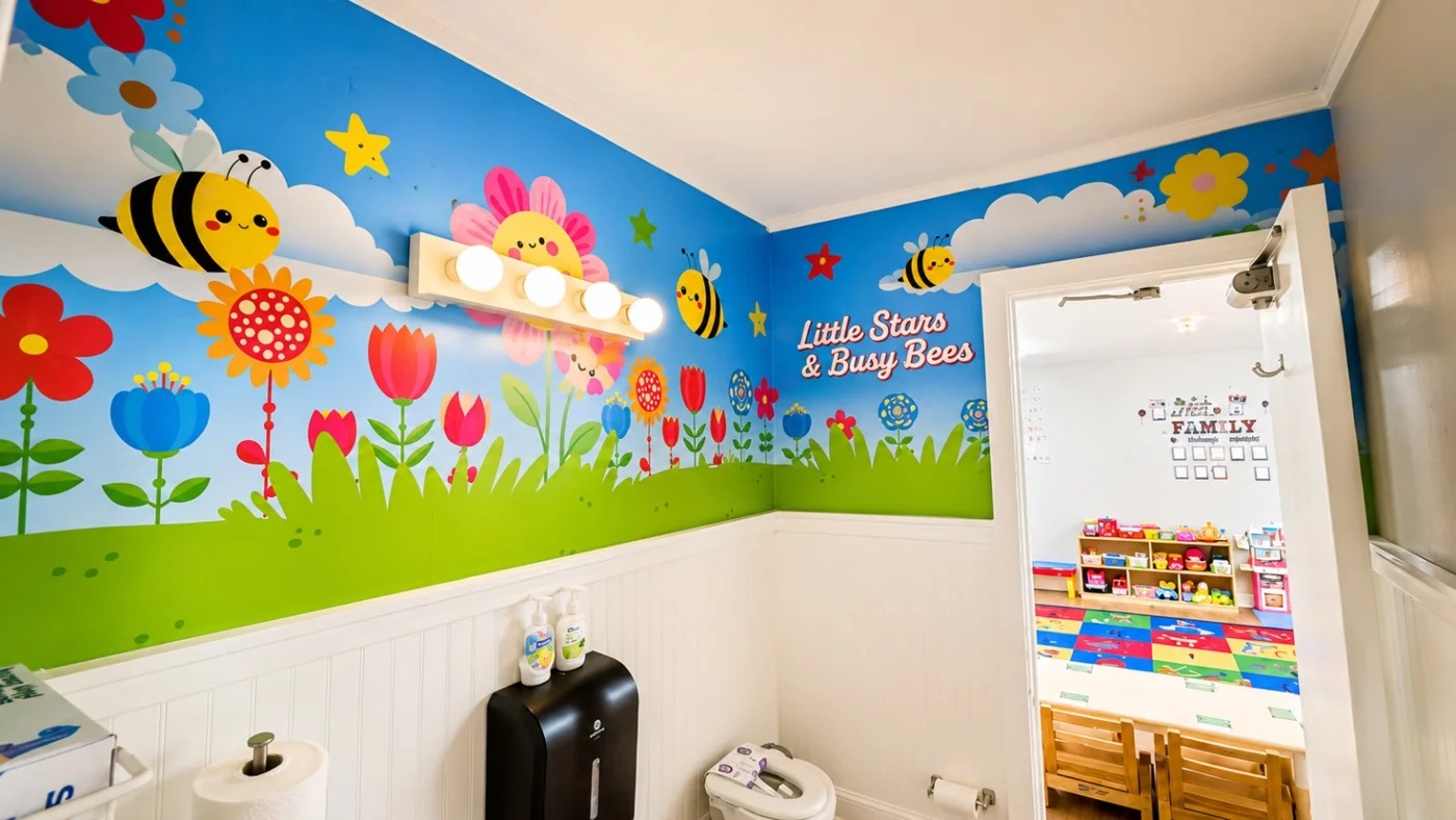 Bright flower and bee mural beside a classroom doorway